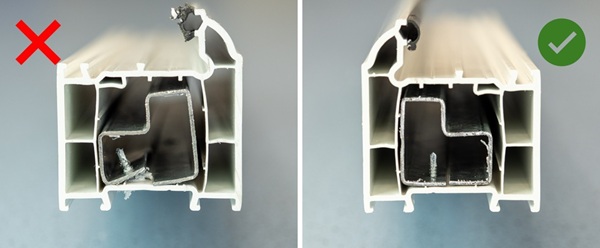 A comparison showing excessive force and resulting damage to the profile and reinforcement (left) and a correctly driven and supporting reinforcement screw with no deformation (right). © 2026 A Holland.