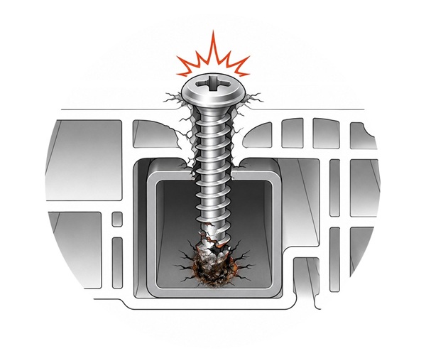 An illustration showing what happens to screws when excessive speed and torque are applied in reinforced PVCu window manufacturing.